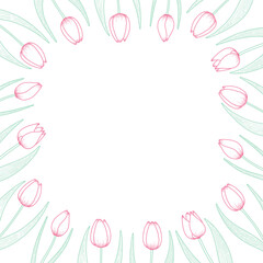Tulip flowers frame, border. Hand drawn line art illustration. Spring blossoms, pink blooms, decorative florals. Vector design. Mothers Day, Easter, seasonal, botanical drawing - 780768557