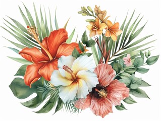 Tropical flower bouquet clipart with assorted blooms,Clipart, watercolor illustration, Perfect for nursery art The style is handdrawn, white background
