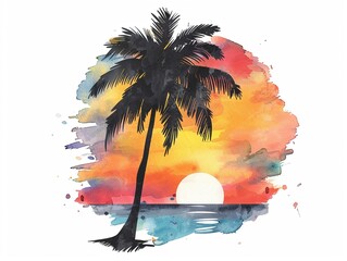 Palm tree silhouette clipart against the sunset,Clipart, watercolor illustration, Perfect for nursery art The style is handdrawn, white background