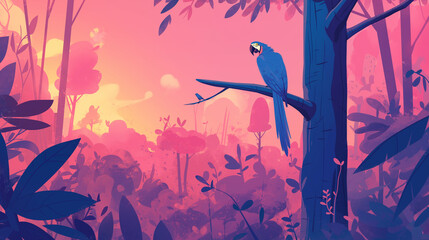 Arara Azul na floresta ao por do sol rosa - Ilustração