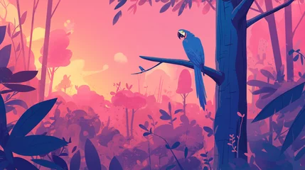 Foto op Canvas Arara Azul na floresta ao por do sol rosa - Ilustração © Vitor