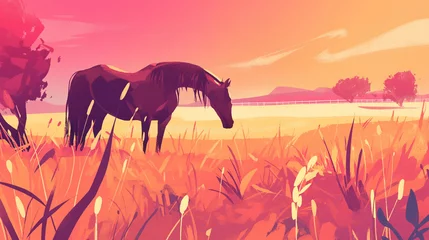  Cavalo na planice ao por do sol rosa - Ilustração  © Vitor