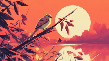 Pássaro na floresta ao por do sol rosa - Ilustração
