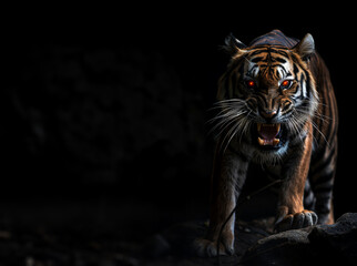 creepy looking tiger. Black background. With copy space for text. Fierce animal concept. Red glowing eyes. Horror and mystery theme. growling and roaring. Wild animal. sharp teeth. Attack pose