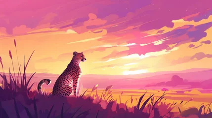 Raamstickers Guepardo no campo ao por do sol rosa - Ilustração © Vitor