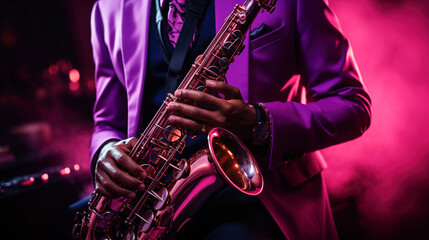 A black saxophonist playing jazz music. Close-up of a musician's hands elegantly holding a...