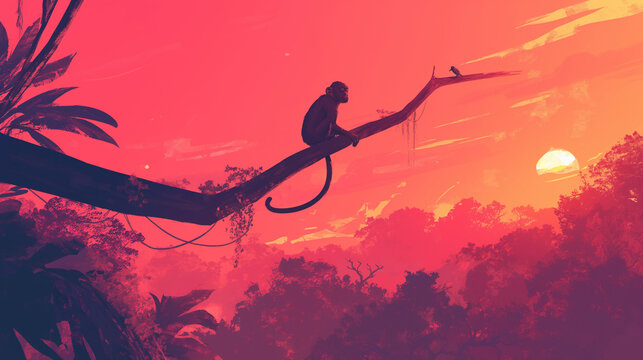 Macaco na floresta ao por do sol rosa - Ilustração