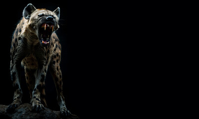 evil looking sharp teeth hyena. Black background. With copy space for text. Fierce animal concept. Red glowing eyes. Horror and mystery theme. growling and roaring. Wild animal. sharp teeth - obrazy, fototapety, plakaty