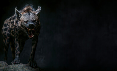 evil looking Hyena. Black background. With copy space for text. Fierce animal concept. Red glowing eyes. Horror and mystery theme. growling and roaring. Wild animal. sharp teeth. Attack pose - obrazy, fototapety, plakaty