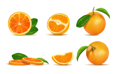 Orange. Whole, half and fruit slices, fresh red citrus food for vitamin juicy smoothie or juice. Mandarin fresh cut pieces and leaves, realistic isolated element. Vector 3d illustration