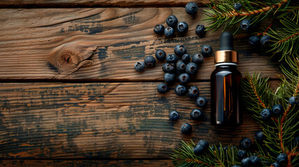 juniper essential oil in a bottle. Selective focus. - obrazy, fototapety, plakaty
