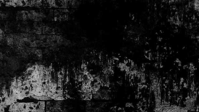 Scary dark horror monochrome background stop motion moving concrete splashed wall texture with creepy light leaks, dirt, grain, grunge scratches, overlays, vintage horror effect	