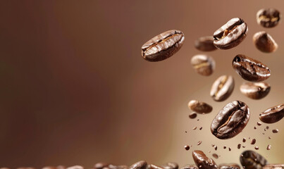 Macro view of coffee beans levitating, copy space