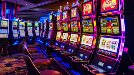 Row of Slot Machines, Vibrant Neon Colors, Casino Gaming Floor, Nightlife Entertainment
