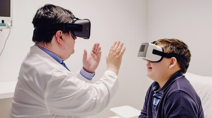 A boy is engaged in virtual reality therapy under the supervision of a doctor. New modern technologies in pediatrics
