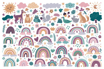 Cute rainbow. Baby kid poster, fashion pattern, geometric doodle wallpaper with logo or icon. Clouds and sun, forest animals. Childish collection with leaves and flowers. Vector cartoon clipart