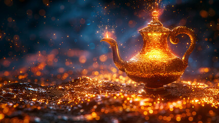 Magical genie lamp radiating golden light, sparks on dark glittering background. Fantasy, wishes and Arabian Nights concept. - obrazy, fototapety, plakaty