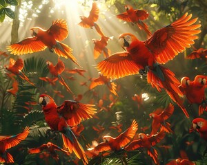 A dynamic angle shows a flock of parrots in the rainforest
