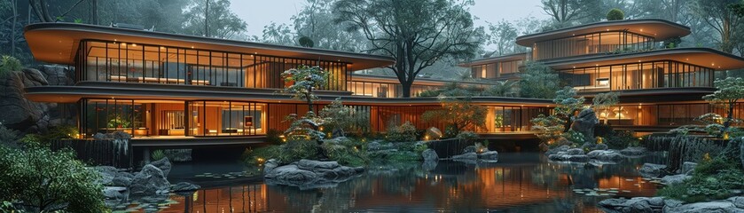 Obraz premium A dynamic drone shot captures a sprawling medical complex where outdoor healing gardens integrate with advanced treatment facilities