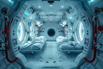 A fish-eye lens captures the cramped interior of a space station medical bay - obrazy, fototapety, plakaty