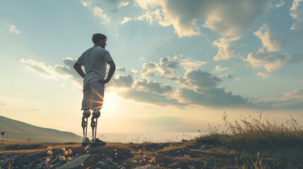 An active man with prosthetic legs standing in a field at sunset represents determination to win. Concept of active lifestyle with disability, movement and perseverance, adventure and travel