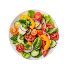 Salad of garden vegetables on a white plate, set against a transparent background