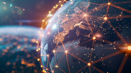 Global Network Connection Concept Illustration. Illustration of a global network with interconnected nodes and light effects representing communication across the European continent. - obrazy, fototapety, plakaty