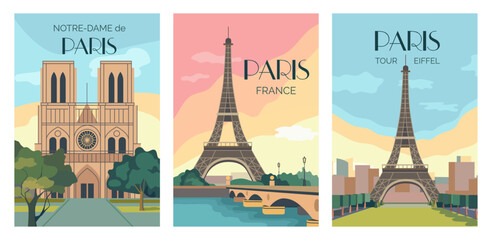 Paris posters. Vintage France travel postcards for French tour or beautiful trip landmark. Urban landscape. Eiffel tower. Notre-dame cathedral. Famous building. Vector vacation cards set