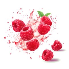 Raspberry in splash summertime minimal isolated on white background. Fresh raspberry swirl flying, berry closeup, juicy.