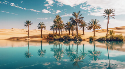 Tranquil desert oasis featuring tall palm trees, golden sand dunes, and clear blue lake under sunny skies. Perfect for travel and nature themes.