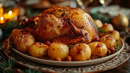 A beautifully presented roasted turkey adorned with vibrant oranges sits on a platter, exuding warmth and fragrance in a festive Thanksgiving setting