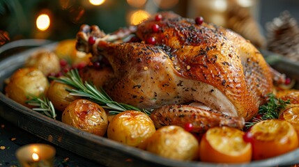 A beautifully presented roasted turkey adorned with vibrant oranges sits on a platter, exuding warmth and fragrance in a festive Thanksgiving setting
