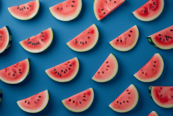 Frische Wassermelonenscheiben im Muster in Draufsicht isoliert arrangiert auf blauem Hintergrund, ideal für sommerliche Themen und Ernährungskonzepte