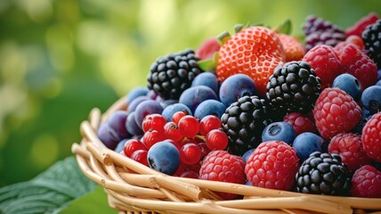 Berries Row Fresh in basket close up. Realistic berry, detailed, vibrant colors. Grocery product menu or package advert.