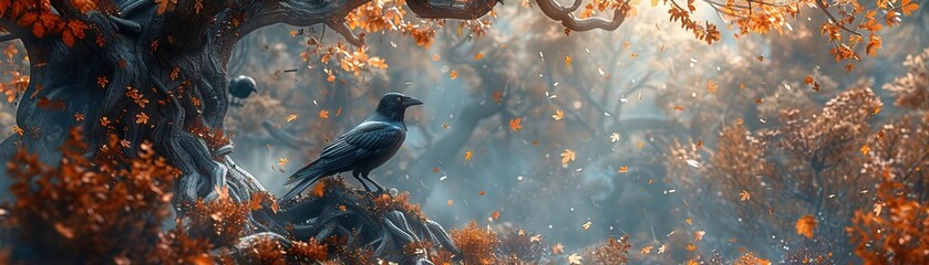 High above in the branches of an ancient tree a secretive gathering of crows bets on which way the wind will blow the fallen leaves - obrazy, fototapety, plakaty