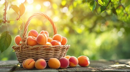 Peach Ripe in basket closeup. Whole fresh peach in the garden, summertime harvest concept for package, grocery product advertising