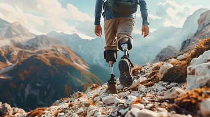 Brave traveler with prosthetic legs overcomes mountain path, personifying perseverance and strength, close-up of man's legs. Active lifestyle with disability, movement and perseverance, adventure