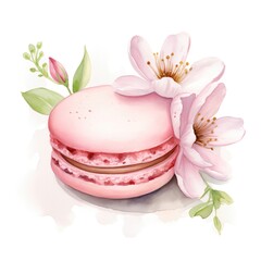 Fototapeta na wymiar Macaron Sweet French Homemade Dessert with blossom, gift card, pastel background, minimal creative concept. Delicious macarons illustration. Grocery product advertising.