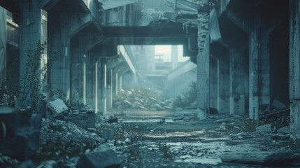 Desolate Urban Landscape: Abandoned Concrete Structures Amidst Ruins - obrazy, fototapety, plakaty