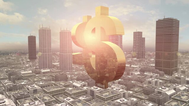 US Currency Symbols in The Middle Of A Metropolitan City. City Related 3D Animations.