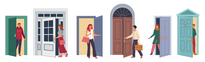Open doors. Man leaving home, house room and woman person or office character work outside. Boy peeking out entrance. Happy girl in doorway. Cartoon flat illustration. Vector isolation set