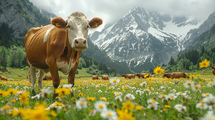 Idyllic scene brown cow standing amid vibrant wildflowers, snowy mountains and peaceful grazing cows in background, rural beauty and natural farming. - obrazy, fototapety, plakaty