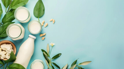 Variety of dairy products including milk, cheese, and yogurt, vibrant blue backdrop, symbolizing freshness, health, and diet. Copy space