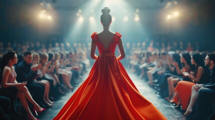 Elegant Model Showcasing Designer Gown at Fashion Show Event - Powered by Adobe