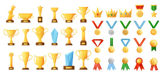 Winner award. Champion trophy. Gold crown. First place medal on ribbon. Tournament reward. Golden goblet. Winning badge. Competition achievement. Leader success. Vector victory icons set