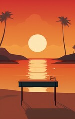 Ping pong table on beach at sunset with palm trees, warm colors, flat design, vector illustration - obrazy, fototapety, plakaty