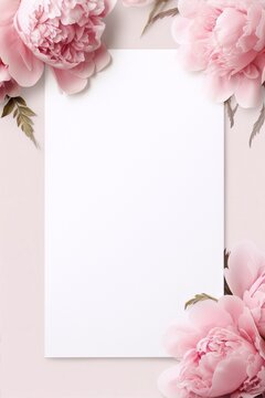 Pink peonies and blank paper on pink background, floral, art deco, interior, still life