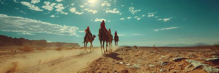 A caravan of camels with riders crosses the sultry desert, transporting goods on camels along a sand dune, nomadic life, banner - obrazy, fototapety, plakaty