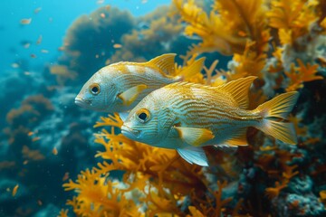 A vibrant image of two Grunt fish swimming close in front of yellow coral underwater