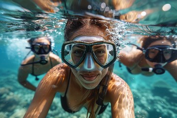 Naklejka premium An active swimmer enjoying the clear blue waters offering a sense of freedom, joy, and the thrill of oceanic exploration minus face
